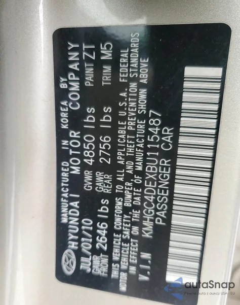 2011 Hyundai Genesis 3.8L z USA, uszkodzony, nr VIN KMHGC4DEXBU115487